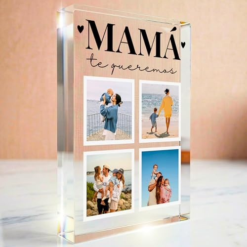 Cristal Plaque - Bloque Personalizado Mamá con 4 Fotos y Mensaje | Lámpara LED con Base de Madera y Placa Metacrilato Te queremos mucho | Regalo Original Día de la Madre