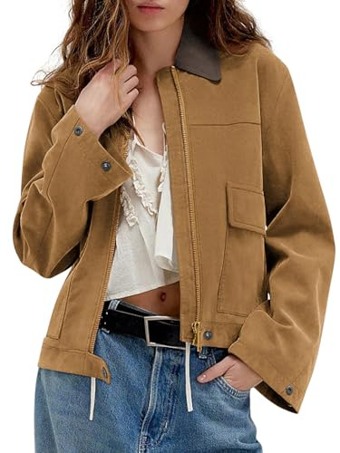 COCCKO Jackets for Women Casual Contrast Collar Fleece Faux Suede Jacket Fashion Spring Zipper Cropped Coats Brown XL
