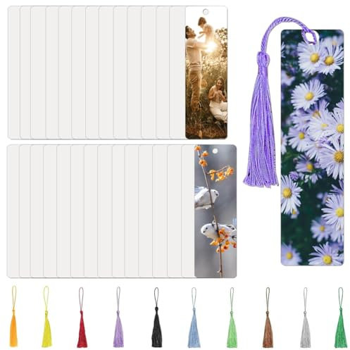 Sirxlevcy 30 Stück Doppelseitige Sublimations-Lesezeichen mit Quasten, 6 X 1,5 DIY-Kunststoffrohlinge zum Basteln und Verschenken