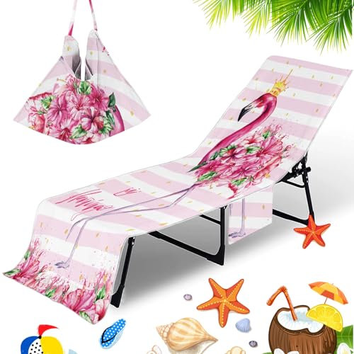 Morbuy Beach Chair Cover Towel, Flamingo Print Beach Towel Lounger Bags Sunbed Towels Microfiber Sun Lounger Towelling for Summer Outdoor Pool Vacation Travel, with Pockets (Pink flower)
