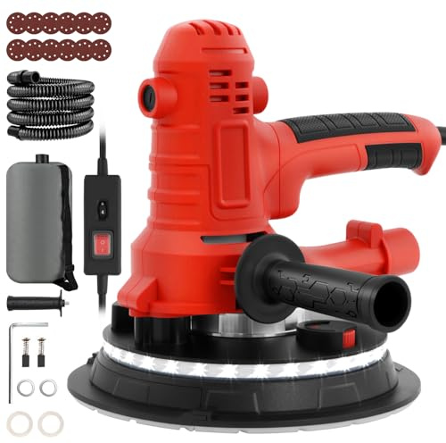 800W Electric Drywall Sander, Variable Speed1200-2300RPM Wall Sander with Vacuum, LED Lights, Dust Bag and Hose,12 Pcs Sanding Discs