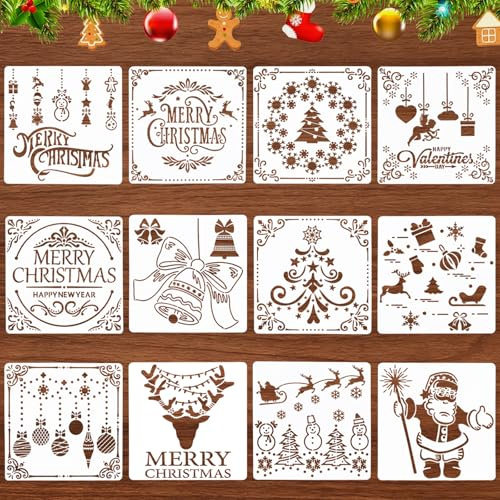12 Stück Schablonen Weihnachten Set, Kunststoff Zeichenschablonen, Schneespray Fenster Schablone, Malschablonen Wiederverwendbare, DIY Weihnachtsschablonen Geschenkkarten