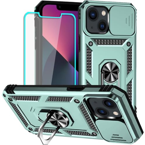Yiakeng for iPhone 13 Mini Case with Screen Protector: [Military Grade 20ft. Drop Tested] Slide Camera Cover Ring Shockproof Protective Phone Case for - iPhone 13 Mini (Dark Green)