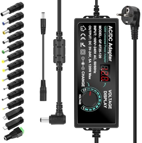 Fuente de Alimentación Regulable 3V a 24V, Universal Adaptador de Corriente Regulador de Voltaje Transformador 5A 120W MAX CA a CC Convertidor de Corriente con Pantalla de Tensión LED y 14 Puntas