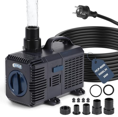 CPROSP 5500L/H Teichpumpe, 5,8m Förderhöhe, 36W Ultra-Sparsam Unterwasserpumpe mit 5m Kabel, Regelbarer Durchfluss, Leise & Langlebig mit Keramik-Achse, für Garten Teichfilter, Bachlauf, Wasserfall