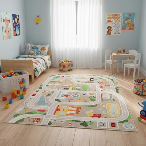 TAPISO Joy Kinderteppich Straßenteppich Straße| Spielteppich Auto für Kinderzimmer, Kinder Jungen | Autoteppich Beige rutschfest, Pflegeleicht, Lernteppich, Pädagogisch 200 x 300 cm