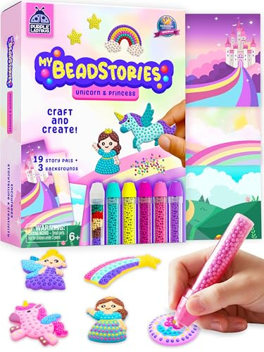 Bead Art for Kids Birthday Gift for Ages 4 5 6 7 8 9 10 Year Old, Girls Craft Set with Colorful Templates and Beads Pen, Creative Arts & Crafts Activity for Girls, Unicorn & Princess Theme Bead Crafts