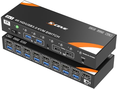 8 Port 6 Port HDMI KVM Switch HDMI 4K@60Hz, USB 3.0 KVM Switch for 8 Computers Share 1 Monitor and 4 USB Devices, KVM Switches Supports hotkey control and Remote control switching,【NO EDID Simulation】