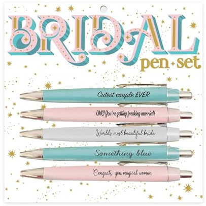 Wetopee Wedding Pens Gift Set for Bride - 5 Pack Bridal Ballpoint Pens with Gold Foil for Bridal Shower Favors, Something Blue Theme & Wedding Sign-in