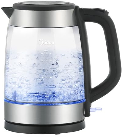 Midea Glass Electric Kettle 1.7 Liters, 3000W Fast Boil, BPA Free Borosilicate Glass, Blue LED Indicator, Auto Shut Off & Boil Dry Protection, Cordless with 360° Base, Removable Anti-Scale Filter