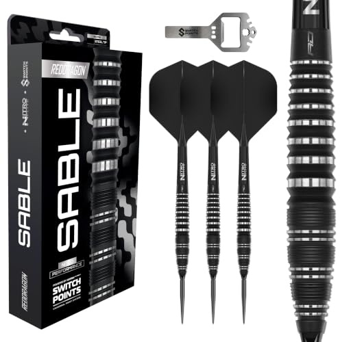Röd DRAGON Darts – Sable Series 26 g | Switch Points Powered by Winmau | 90 % Tungsten Steelarts Set | Bomb Barrel | Proi dartpilar med metallspets
