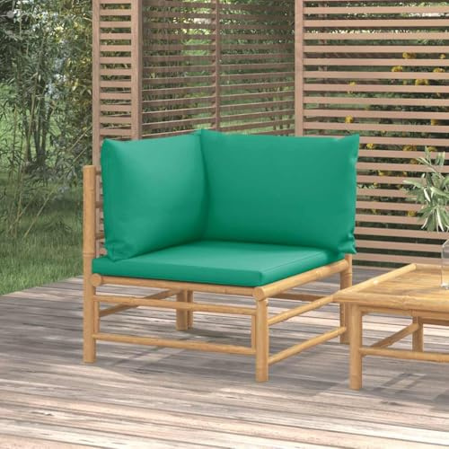 Ccslina Garten-Ecksofa Bambus mit grünen Kissen, wetterfestes Lounge-Sofa Element für Terrasse und Balkon, modulare Gartengruppe mit Polster, komfortabler Sitzbereich für Außenbereich und Veranda