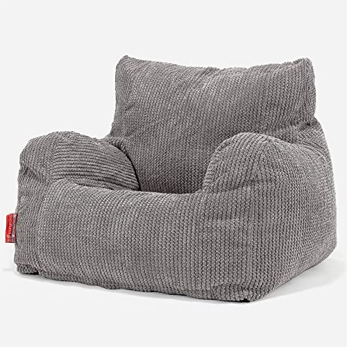 Lounge Pug Adult Bean Bag Armchair, Charcoal Grey, Plush Waffle Texture Pom Pom Fabric, Living Room Bean Bag Chair
