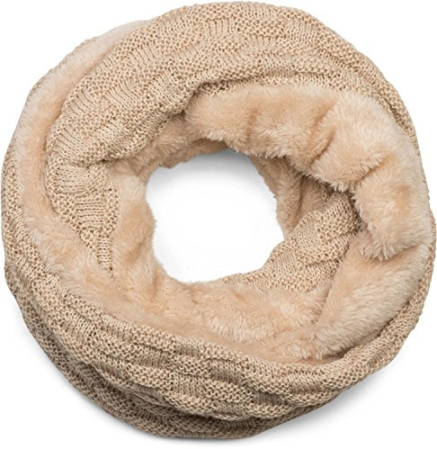styleBREAKER warmer Feinstrick Loop Schal mit Flecht Muster und sehr weichem Fleece Innenfutter, Schlauchschal, Unisex 01018150, Farbe:Sand