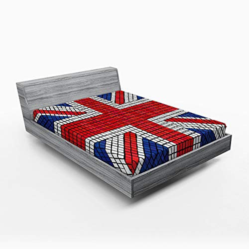 ABAKUHAUS Union Jack Spannbetttuch, Mosaik Britische Flagge, Soft Dekorativer Stoff Bettwäsche Rund-um Elastischer Gummizug, 160 x 200 cm, Royal Blue, Rot, Weiß