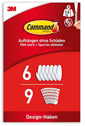 Command Klebehaken, Größe M, Weiß - Packung mit 6 Haken selbstklebend und 9 Mittelgroße Klebestreifen, Strip - Haken für Wand, Türhaken, Organisieren ohne Bohren - Hält 1,3kg
