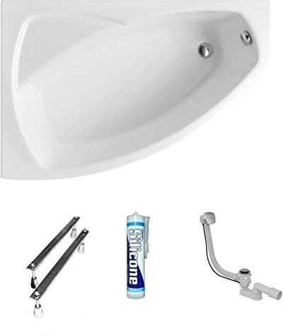 ECOLAM® Badewanne Eckbadewanne Acryl Frida Polimat weiß 140x80 cm LINKS + Ablaufgarnitur Ab- und Überlauf Automatik Füße Silikon Komplett-Set