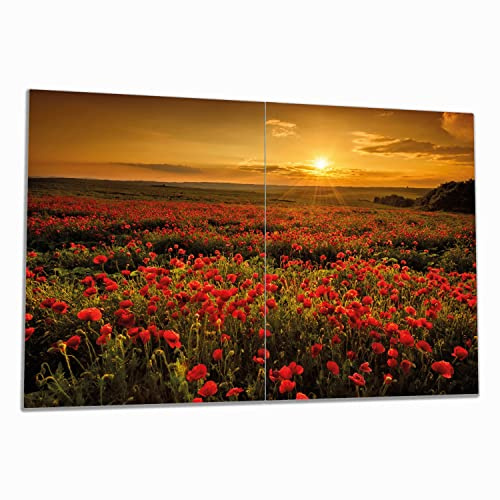 Wallario Herdabdeckplatte/Spritzschutz aus Glas, 2-teilig, 80x52cm, für Ceran- und Induktionsherde, Mohnblumenwiese bei Sonnenuntergang am Abend