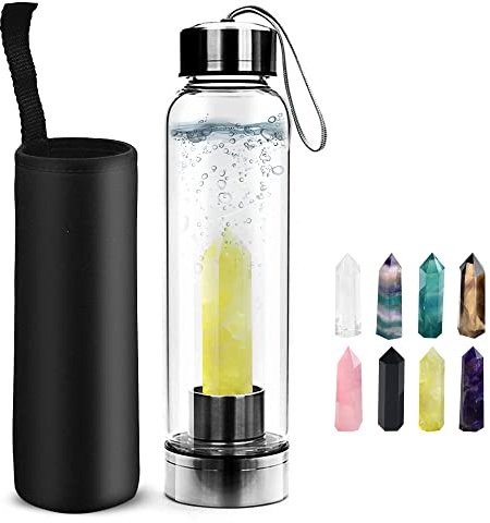 HINATAA Crystal Water Bottle, Portable Removable Quartz Gemstone Glass Bottle - BPA Free, 550ml (Cotton Citrine)