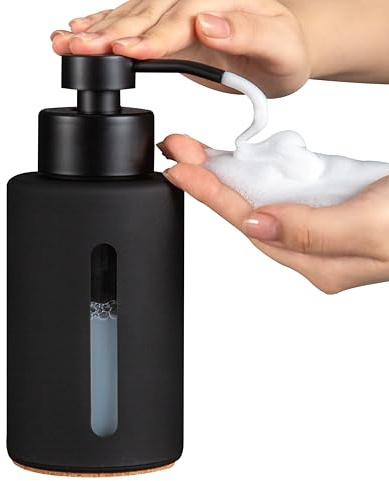 Enra Thick Glass Foaming Soap Dispenser with Clear Window,12oz Black Bathroom Soap Dispenser with Stainless Steel Pump, Modern Boho Refillable Pump Bottle for Bathroom Kitchen (Foam-Black)