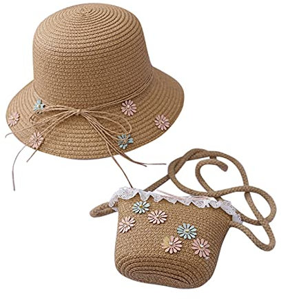 Ropa infantil para niñas sombrero + sombrero de paja sombrero de protección solar paja bolsa de verano niños sombrero de protección solar en la playa bufanda con gorro niño, caqui, Talla única