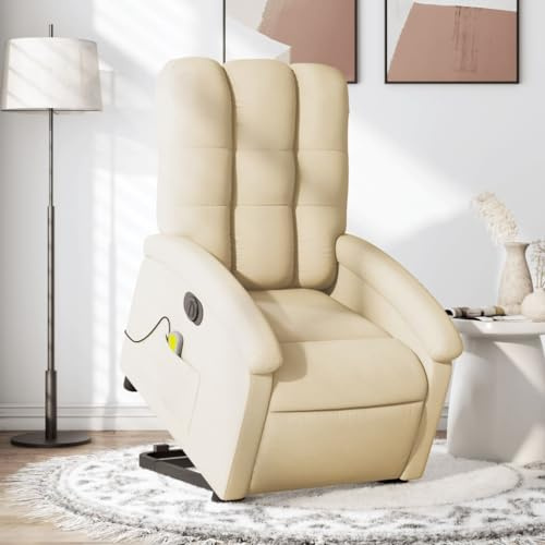 KOIECETA Massagesessel Elektrisch Verstellbar Sessel mit Aufstehhilfe Fernsehsessel Relaxsessel mit Liegefunktion Liegesessel Aufstehsessel Polstersessel Stoff (Creme)