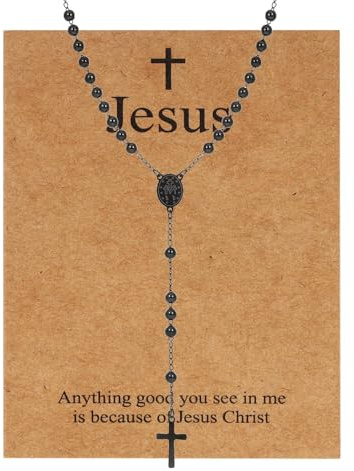MILAKOO Rosenkranz Perlen Katholische Halskette für Frauen Männer Perle Kreuz Y Anhänger Kette mit Edelstahl Kruzifix und Jesus Karte