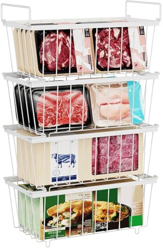 Freezer Baskets for Chest Freezers 4 Pack - Stackable Chest Freezer Organiser Bins with Foldable Handles, Heavy Duty Wire Storage Boxes for 198L Deep Freezer, Easy Access & Air Circulation, White