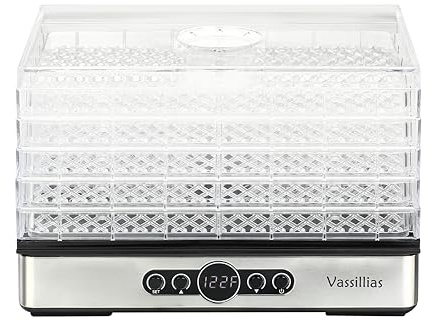 vassillias Dehydrator and Food Dryer - For Healthy, Meat, Jerky, Fruit, Vegetable, Herbal Mushrooms, 400W, 70℃, Mini with 5 Shelves Drying Bpa Free Sliding Tray, White