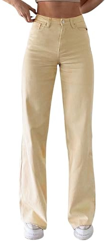 Vaqueros Mujer Push Up, Pantalones Vaqueros De Color Liso para Mujer Elásticos con Cintura Alta Holgados De Cintura Delgada Rectos Casuales Talla Grande Slim Fit Jeans (Beige, M)