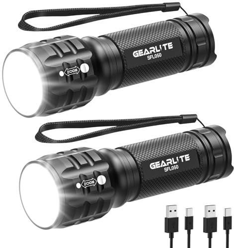GEARLITE Rechargeable Torch 2 Pack, 2000LM Torches LED Super Bright Adjustable Focus, Waterproof Small Torch with 3 Lighting Modes, LED Torches for Dog Walking, Emergency, Power Cut, Gift for Dad Him