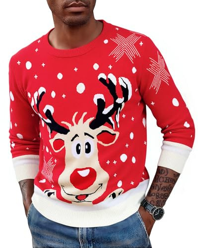 Saodimallsu Maglioni Natalizi Famiglia Donna Uomo Bambini Unisex Maglione di Natale Motivo Renna Maglione Invernale D-Rosso Uomo L