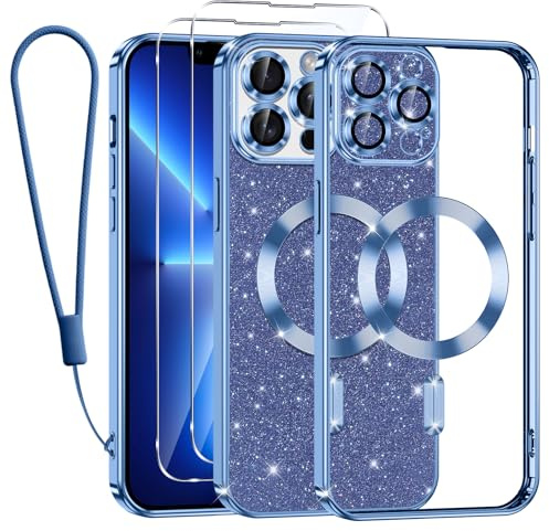 Tikfrlo Handykette für iPhone 13 Pro Max Hülle mit MagSafe, Glitzer Magnetisch Handyhülle Stoßfeste Silikon TPU Schutzhülle Case für iPhone 13 Pro Max mit 2 Stück Schutzfolie, Blau