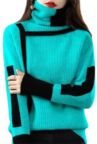 Women Long Sleeve High Collar Knitted Pullover Sweater Loose Fit Winter Casual Party Jumper Blue