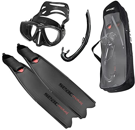 Seac Motus Tris, Freediving and Spearfishing Set with Seac Motus Long fins, Seac One Diving mask and Seac Jet Snorkel, Shoulder Bag Included, Black, 9.5-10