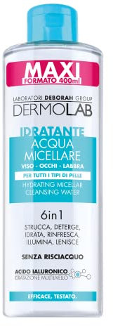 Dermolab - Acqua Micellare Idratante 6 in 1, per Tutti i Tipi di Pelle, con Acido Ialuronico ed Eufrasia, Effetto Idratante e Luminoso, Deterge in Profondità, Dermatologicamente Testato, 400 ml