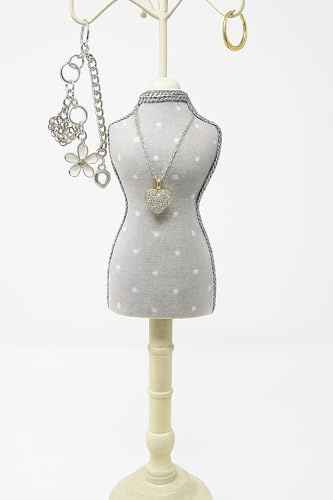 JRose Collections Eleganter 38 cm Mannequin-Schmuckständer – Vintage grauer Stoff mit Punkten Design und elfenbeinfarbenem Holzsockel – Organizer für Halsketten, Armbänder, Ringe und Ohrringe