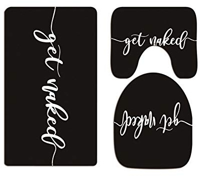 A.Monamour Badezimmer Badematte 3 Teilig Set Weiße Schrift Bekommen Nackte Schwarze Lustige Wörter Flanell WC Toilette Deckel Deckt Bad Matte Teppich Badteppiche Badvorleger Badgarnitur Vorleger