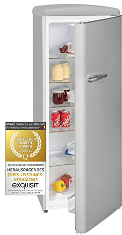 Exquisit® Frigorífico Vertical Retro, 229L, Clase F, Color Gris, 1 Puerta, Tiradores Externos, Estantes de Cristal, Cajón Verdulero, Luz LED, Consumo 128 kWh/año, Medidas 144x54,5x57,5 Cm.