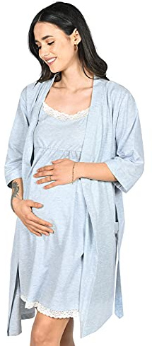 MijaCulture 2 in1 Stillnachthemd und Morgenmantel Set Umstandsnachthemd 2077 (XL, Blau)