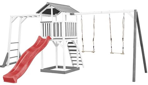 AXI Beach Tower Spielturm aus Holz in Weiß & Grau | Spielhaus für Kinder mit roter Rutsche, Klettergerüst, Doppelschaukel und Sandkasten | Stelzenhaus für den Garten
