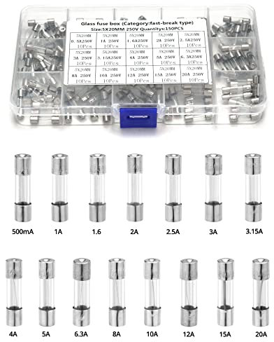 QWORK® Kit d'assortiment de fusibles en verre, 15 valeurs 150 pièces 0.5 A 1 A 1.6 A 2 A 2.5 A 3 A 3.15 A 4 A 5 A 6.3 A 8 A 10 A 12 A 15 A 20 A, 250 V, 5 x 20 mm