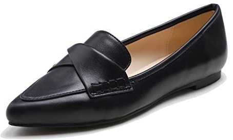 Feversole Loafer för kvinnor platt spetsig mode dra på komfort för körning kontorsskor, Svart vanlig veganskt läder vriden rosett, 5 UK