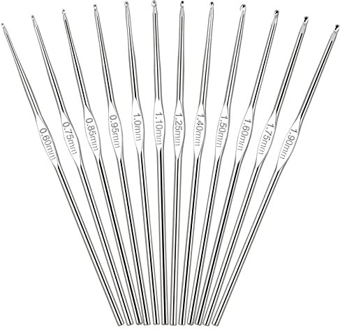 Aeelike 12 Stück Häkelnadel Set Edelstahl Spitze Häkelnadeln, Ergonomisch Einspitzige Feine Häkelnadeln Set für Arthritic Hands, 0,6 mm-1,9 mm Mini Kleine Größen Häkelnadeln für Feine Strickprojekte