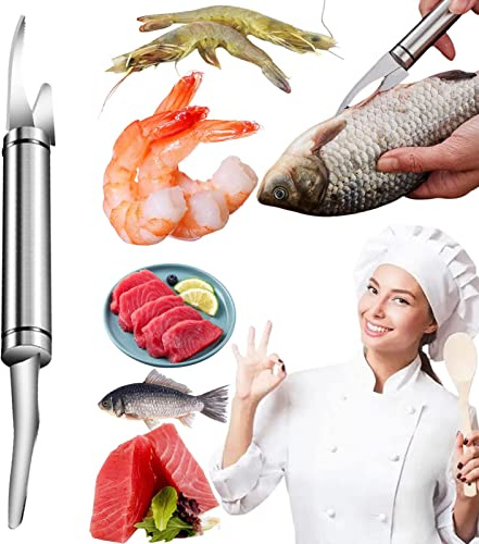 Demiawaking Couteau À Gueule De Poisson Multifonctionnel 5 en 1, Outil pour Éplucheur et Déveiner les Crevettes, Écailleur à Poisson de Acier Inoxydable, Couteau Poisson (1 Pcs)