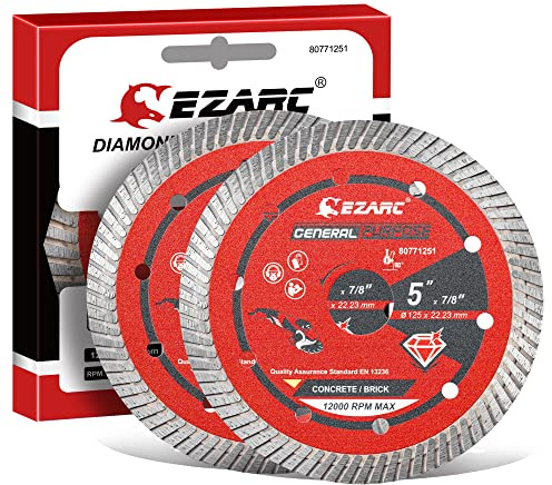 EZARC Turbo Diamant Trennscheiben 125mm für Granit, Beton, 2tlg | Turbo Segmente, Diamantkörnung HRC90+, Segmenthöhe 10 mm, Dicke 2.2 mm, 12.000 U/min, Adapter für 16 und 20 mm Dorn