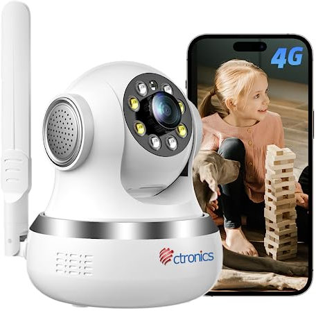 ctronics 4G LTE Überwachungskamera Innen mit SIM Karte, 360° PTZ IP Kamera Indoor, Bewegungs-/Menschenerkennung, Automatische Verfolgung, Farbnachtsicht, 2-Wege-Audio, Inklusive SIM-Karte, Einstecken
