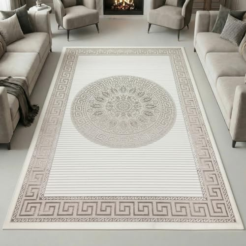 Teppich-Traum Kurzflor Teppich Orient Ornamente Creme Beige 160x230 cm | Pflegeleicht, strapazierfähig, schmutzabweisend, fußbodenheizungsgeeignet, OEKO-TEX geprüft, mit Glanzeffekt, 8 mm Flor