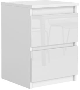 MebLocker Chevet 40 cm, 2 tiroirs, Blanc avec des Façades Brillantes | Table de nuit, Petit meuble chambre, Rangement de chevet, Table de chevet 40x55x39 cm