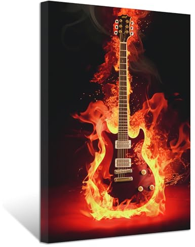 ZXHYWYM Gitarren Leinwandbilder abstraktes brennendes Feuer Gitarrenbild Musikmalerei Drucke für Konzerthaus Bar Dekor Gerahmt (Bild-1, (30.00 x 45.00 cms))